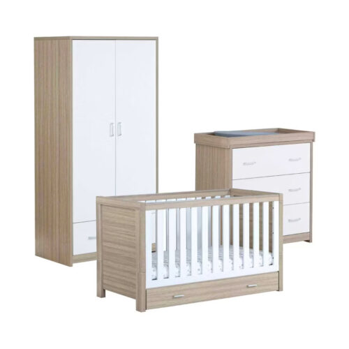 Babymore Luno White Oak 3 Piece Nursery Furniture Room Set Includes Cot Bed with Drawer, Chest Changer And Wardrobe