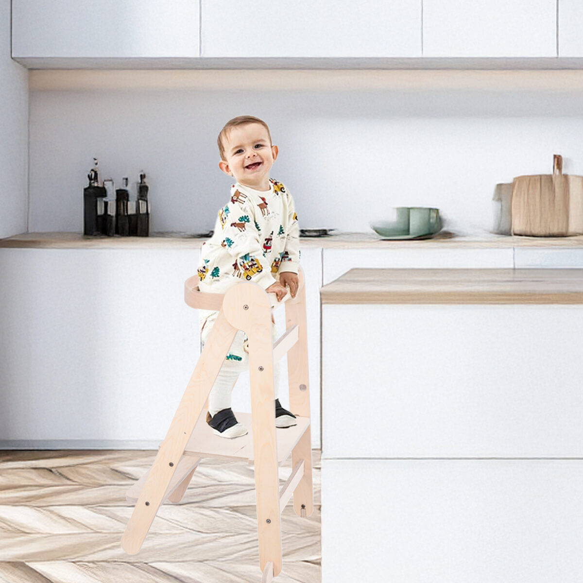MamaToyz Folding Learning Tower – Natural Beech Wood Montessori Step Stool - Image 19