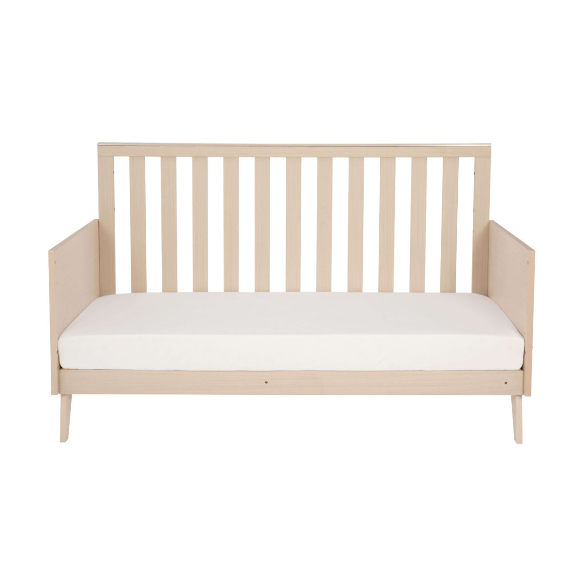 Front-facing studio image of Babymore Dante Cot Bed showcasing slatted sides and mattress.