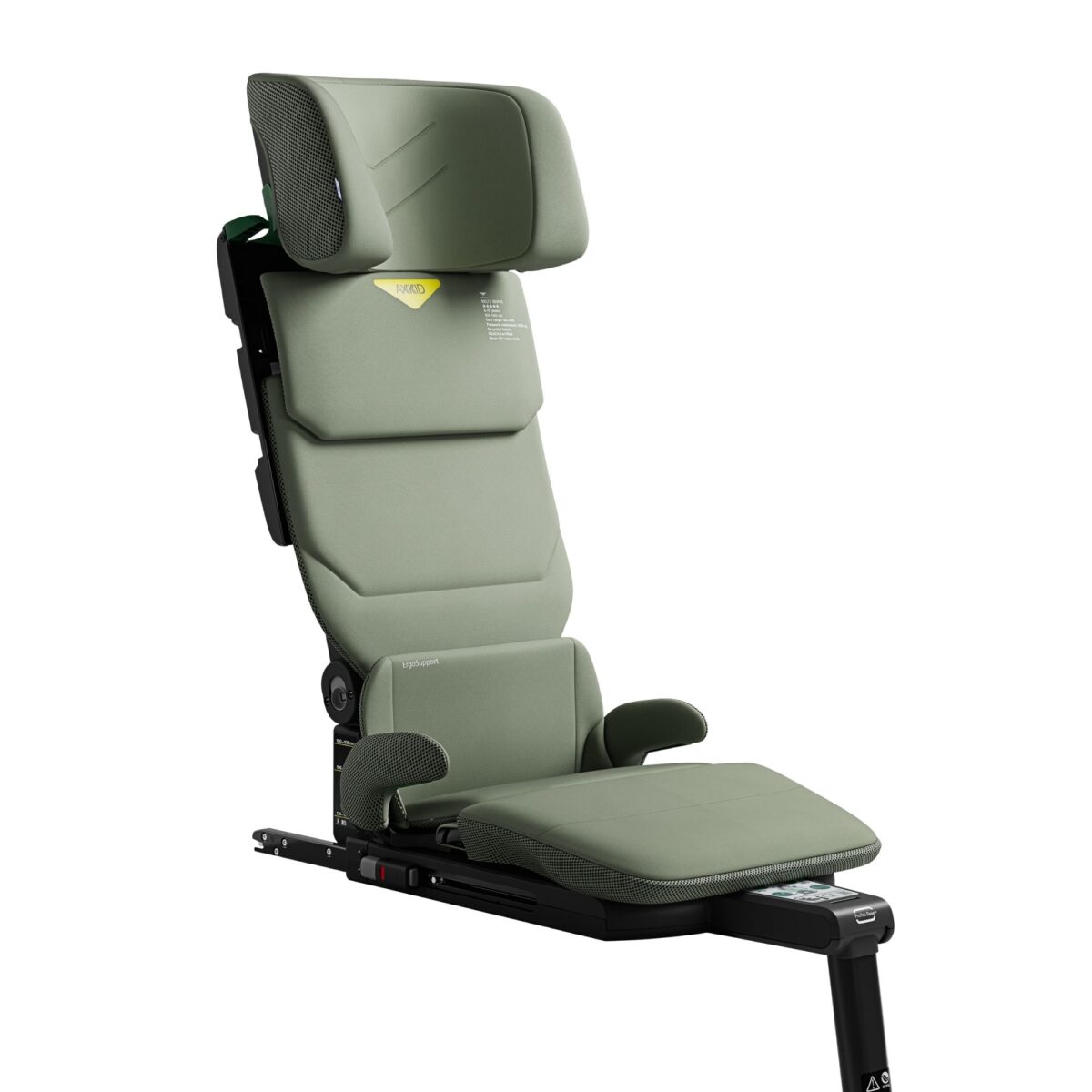 Axkid Up green booster car seat in upright position with reinforced head and side support.