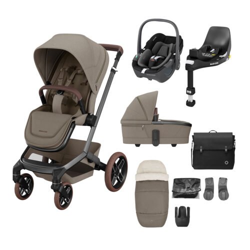 Maxi-Cosi Fame Complete Travel System with Pebble 360 Car Seat & ISOFIX Base – Twillic Truffle with Brown Wheels